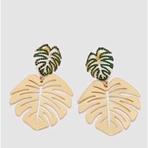 Aldo Gold and Green Monstera Leaf Drop Earrings Comes W Accessory Pouch